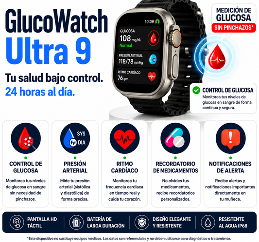 GlucoWatch Ultra 9⌚️🌟: Controla Glucosa, Ritmo Cardíaco y Presión Arterial (5 segundos / 99% de exactitud)