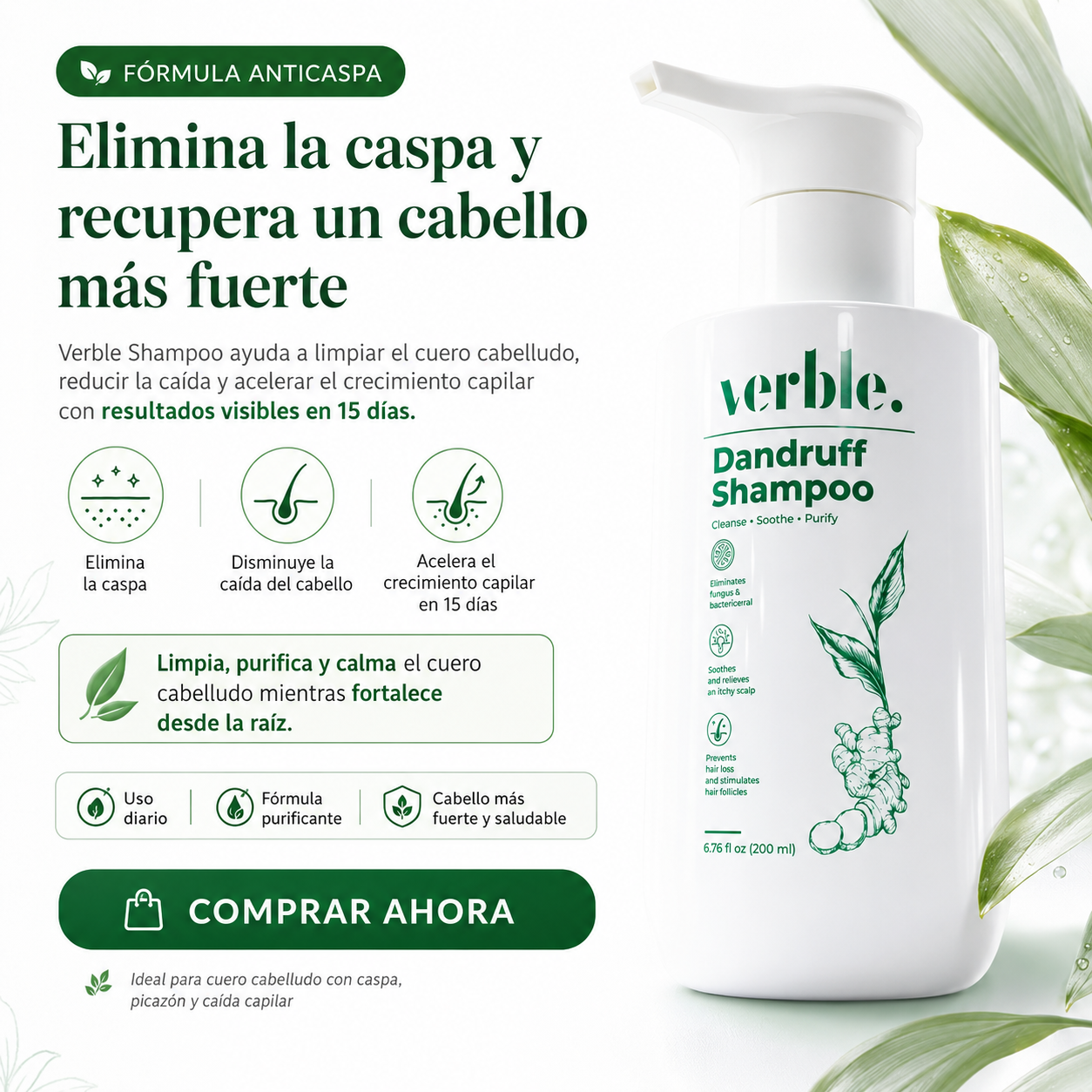 Verbel Dandruff -  Shampoo dermatológico 100% Efectivo.